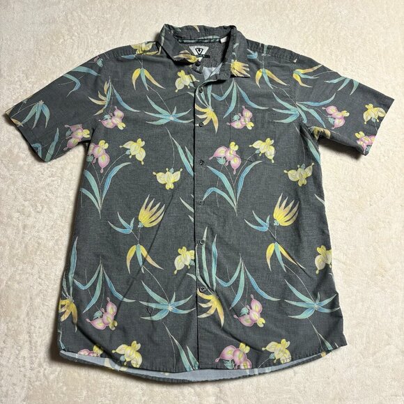 Vissla Mens Button Down Shirt Size X-Large Grey Floral Vacation Resortwear - Picture 1 of 15